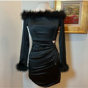 Nana Jacqueline Black Feather Trim Cutout Ruched Mini Dress
